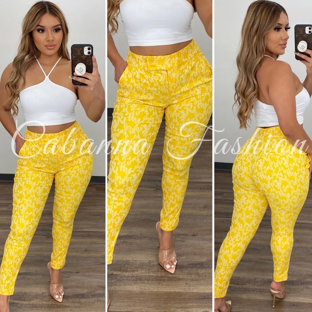 . Cabanna Fashion Yellow Botanical Print High Waist Tapered Dress Pants
